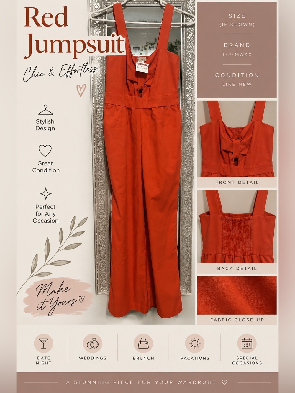 T.J.Maxx Orange-Red Wide-Leg Jumpsuit with Front Bow